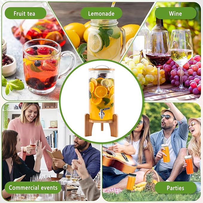 1.3 Gallon Drink Dispenser, Glass Beverage Dispenser with Wood Stand, Lemonade Dispenser with Airtight Valve and Stainless Steel Spigot Fruit Infuser, Thick Drink Dispenser for Parties Restaurants