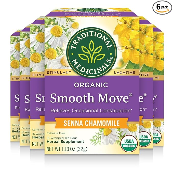 Traditional Medicinals Organic, Smooth Move Tea, Chamomile & Senna - Helps Relieve Constipation Overnight - Kosher, Non-GMO, Caffeine-Free, Compostable - 96 Tea Bags (6 Packs of 16)