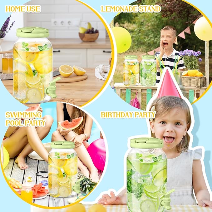Havawish 2 Pcs 1 Gallon Plastic Beverage Dispenser with Spigot Clear Summer Kitchen Fridge Drink Dispenser for Parties Lemonade Juice Tea Beer Cold Water(Green,Cylinder)