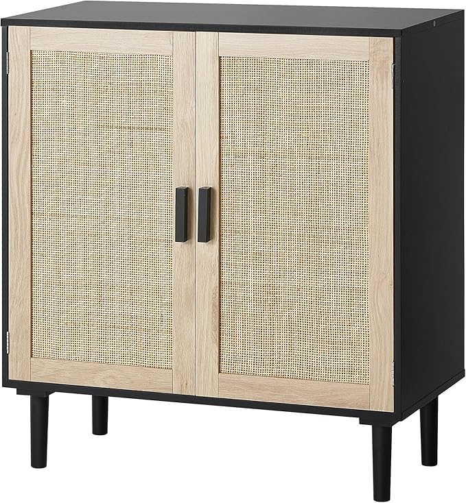 VEVOR Rattan Cabinet, Buffet Cabinet with Storage, Storage Cabinet with 2 Magnetic Doors and Adjustable Shelves, Sideboard Buffet for Hallway, Entryway, Living Room, or Kitchen, Black