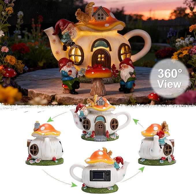 Solar Fairy Garden House Lights - Mushroom Teapot Gnome House Statue Set with 2 Mini Gnomes and 1 Mushroom Figurines, Outdoor Garden Decor, Gift for Gardeners and Moms (Set)