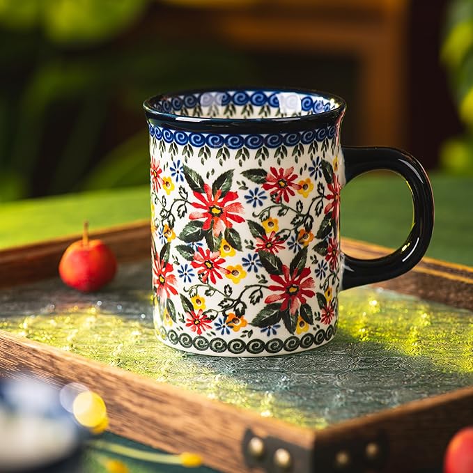 Ceramic Latte Mug Set of 4, 15.5oz Hand Painted Porcelain Coffee Cups With Handle for Tea/Milk/Cocoa - Modern Retro Design For Any Kitchen. Microwave and Dishwash Safe (Exotic Daisy)