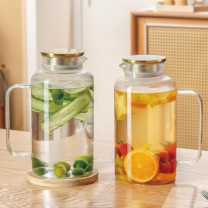 2 PACK Glass Pitcher with Lid And Handle, 84oz/2.5L Liter Classic Vertical Stripes Fridge Water Pitcher,Glass Water Carafe for Coffee, Lemonade, Iced Tea,Sun Tea, Beverage, Heat Resistant