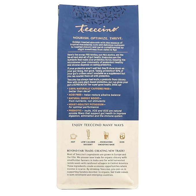 Teeccino Macadamia Nut Prebiotic SuperBoost™ Coffee Alternative - Support Your Probiotics with Caffeine-Free Herbal Coffee Featuring 3 Vegan Prebiotics for Good Gut Health & Regularity, 10 Ounce