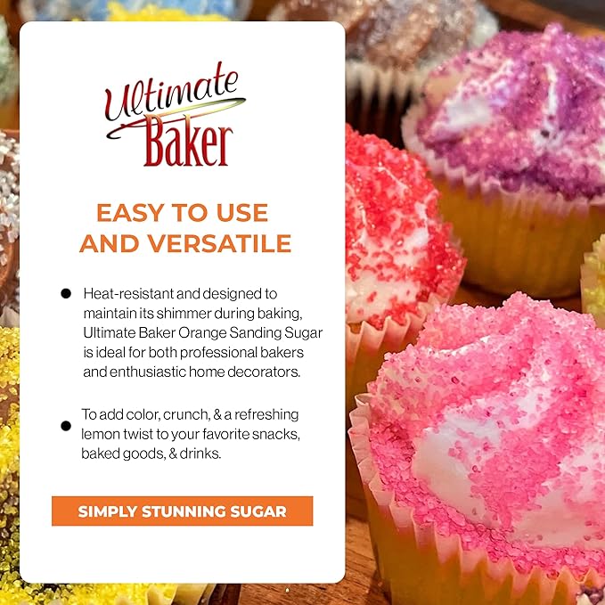 Ultimate Baker - Sanding Sugar, Orange - Vibrant, Naturally Colored Baking & Decorating Sugar, Perfect for Sprinkling on Cakes, Desserts & Confections, Medium Crystal - 8oz