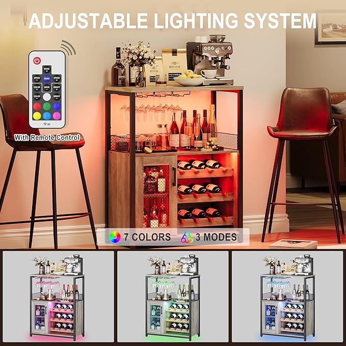 GarveeHome 3-Tier Wine Bar Cabinet with LED Lights & Wine Rack, Liquor Cabinet with Storage, Coffee Bar Cabinet with Glass Holder & Mesh Door, Sideboard Buffet Bar for Living Room, Dining Room, Grey