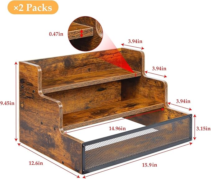 2 Pack 3 Step Countertop Liquor Bottle Display Shelf, Wood Bar Shelves 12 Bottles with Fences, Freestanding Storage Shelves for Liquor Whiskey Wine Coffee Syrup Display, Retro Wine Rack Home