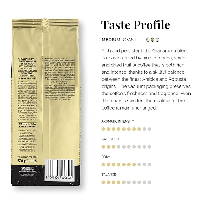 Caffe Vergnano 1882 Gran Aroma Whole Bean Arabica Medium Espresso Roast Coffee, 1.1lbs Bag - Italian Coffee Beans with Rich notes of Cocoa, Spices & Dried Fruit, Intensity 8/10-500g Bag (6 Pack)