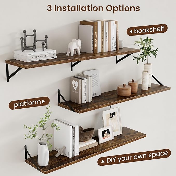 Axeman 12 Inch Deep Floating Shelves for Wall - 48 Inch Wide x 12 Inch Deep Wall Shelves Set of 2 - Rustic Wood Floating Shelves for Living Room