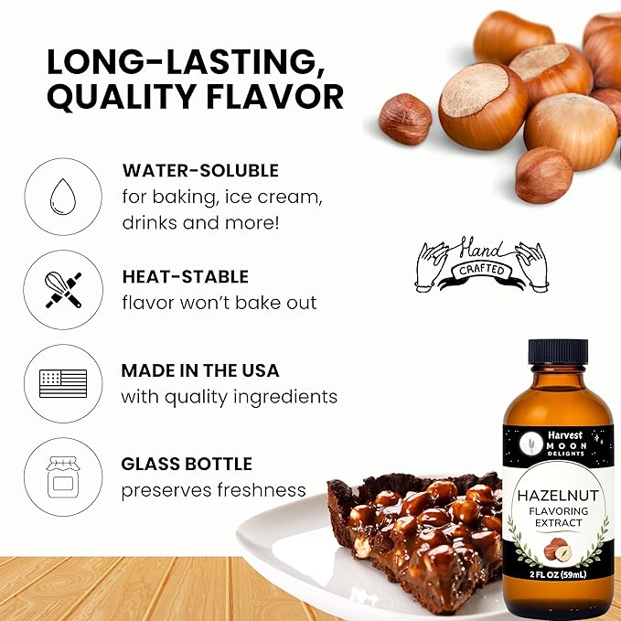 Hazelnut Extract for Baking, Drinks, Ice Cream, Candy - 2 oz - By Harvest Moon Delights - Hazelnut Flavoring, Flavor