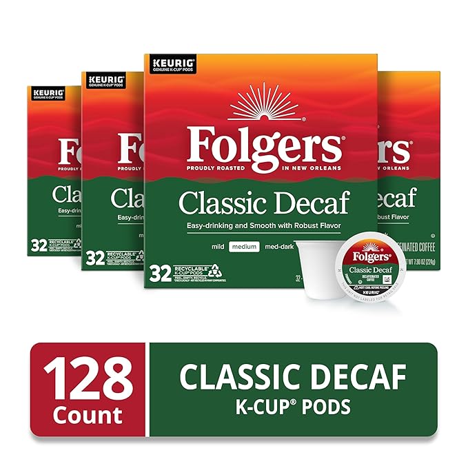 Folgers Classic Decaf Coffee, Keurig K-Cup Pods, 128 Count