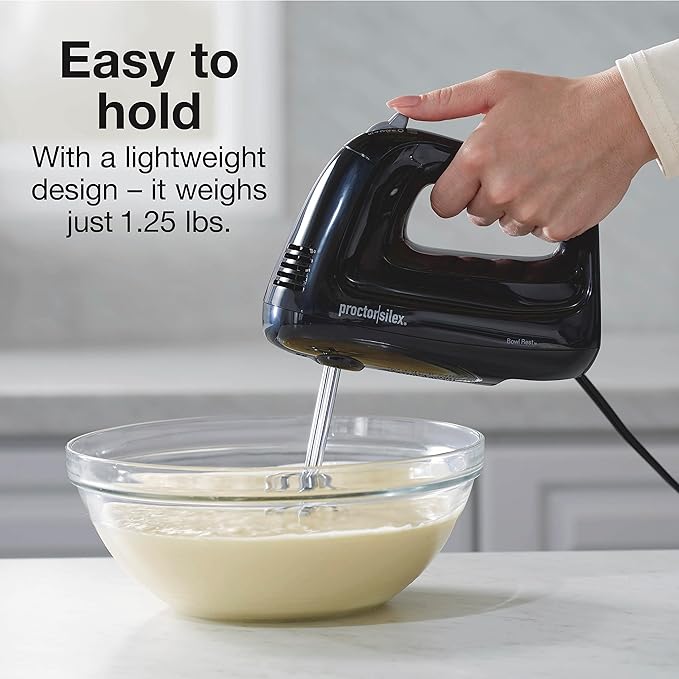 Proctor Silex Easy Mix 5-Speed Electric Hand Mixer with Bowl Rest, Compact and Lightweight, 215 Watts of Peak Power, Black (62511)
