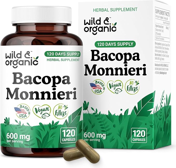 Wild & Organic Bacopa Monnieri Capsules 600 mg - Brain Support - Natural Bacopa Supplements - Brahmi Capsules - 120 Days of Supply - Vegan, No Fillers, Non-GMO - 120 Count