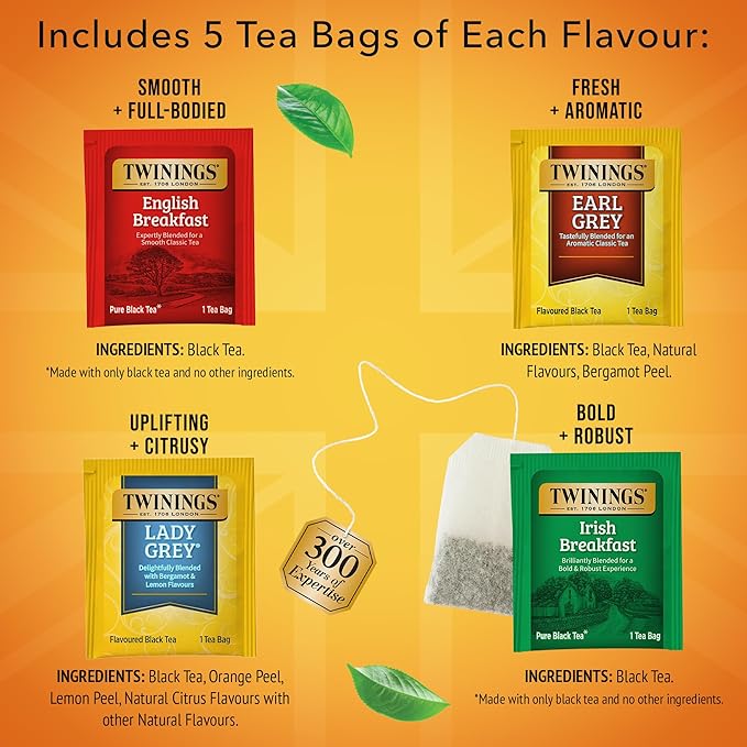 Twinings Variety Pack Black Tea Bags, 20 Count (Pack of 6), Includes English Breakfast, Early Grey, Irish Breakfast, and Lady Grey, Caffeinated, Enjoy Hot or Iced, 120 Teabags