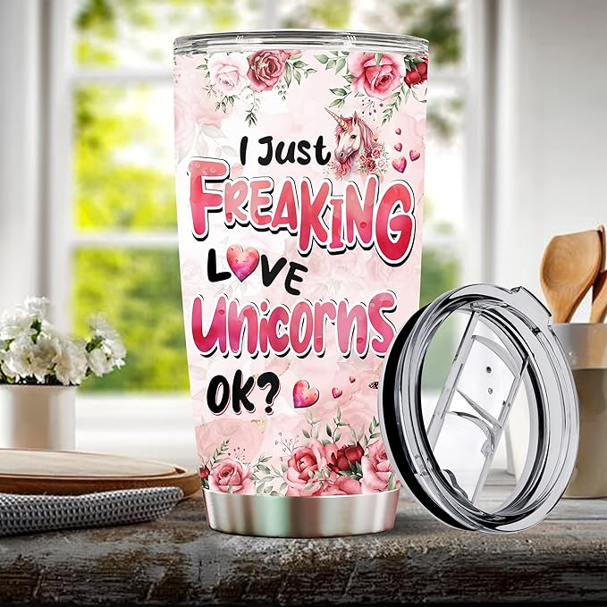 Unicorn Tumbler 20oz Cute Animal Gift for Women, Girls Who Freaking Love Unicorns Lovers Flower Perfect Birthday Christmas Valentine Wife Daughter Insulated Stainless Steel Coffee Cup with Lid