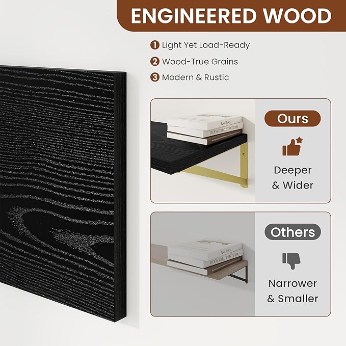 Deep Wall Shelves 55"W x 12"D Engineered Wood Floating Shelves for Wall, Sturdy Metal Bracket(Gold) Bookshelves Home Decor Storage for Living Room Bedroom Bathroom Kitchen, Set of 2, Black Finish