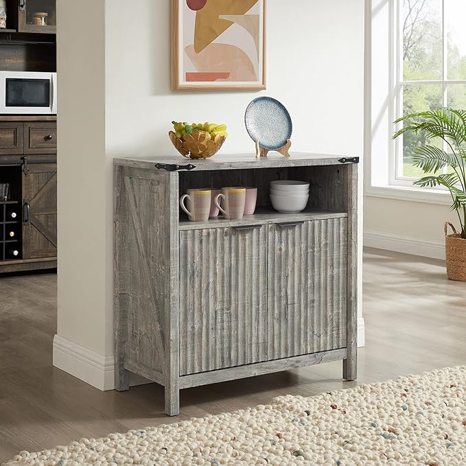 Buffet Cabinet with Storage - Modern Farmhouse Rustic 32 Fluted Sideboard Storage Cabinet Buffet with Adjustable Shelves, Coffee Wine Bar Organizer for Dining Room (Grey)