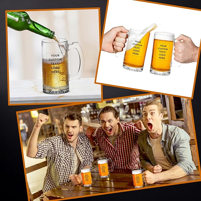 12 Libbey Beer Mugs Set, 12 oz. - Customizable Text, Logo - Groomsmen Glassware - Clear