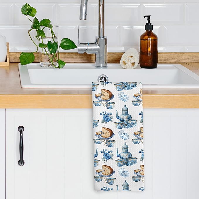 Retro Floral Teacups Kitchen Dish Towels, Vintage French Garden Tea Lover Gifts, Blue and White Flower Kitchen Decor Hand Towels Kitchen Tea Towels Decorations, 16x24inch