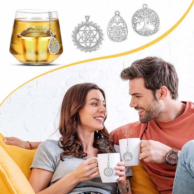 3 Sets Tea Infusers Steeper for Loose Leaf Tea Holder Stainless Steel Tea Ball Mesh Strainer Filters with Drip Trays and Pendant(Plant Style)