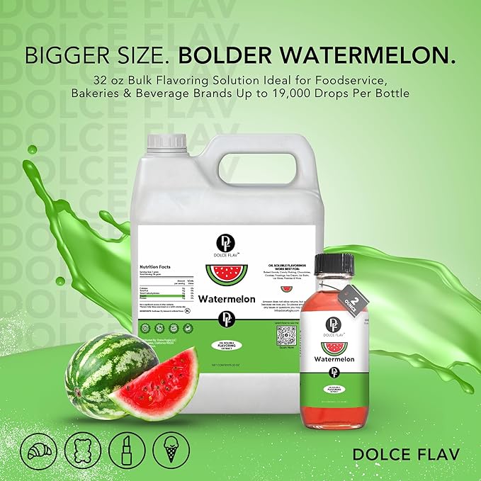 Dolce Flav Watermelon Flavoring – 32 oz. – Premium Oil-Based Extract for Chocolates, Frostings, Baked Goods & Confections | Ideal for Summer Treats & Commercial Kitchens