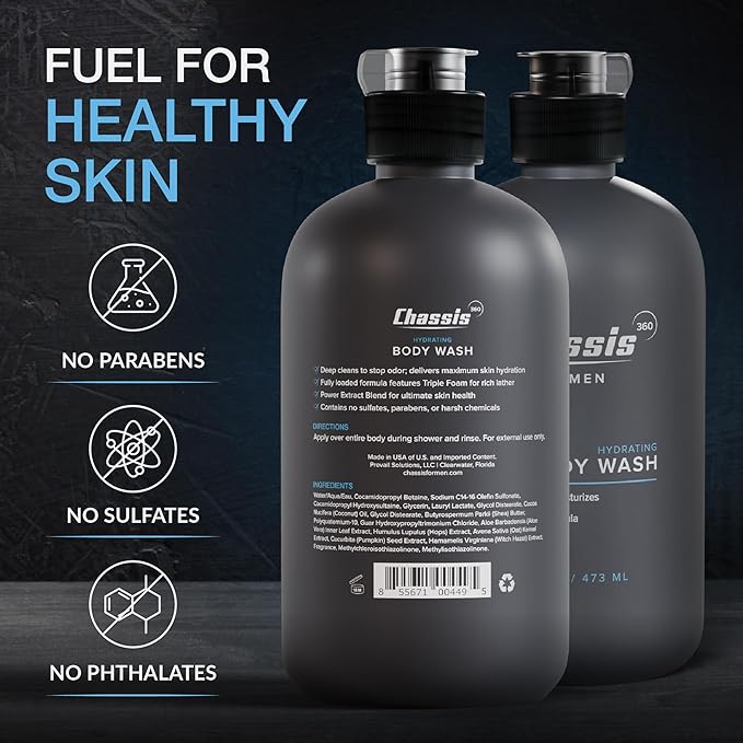 Chassis 360 Men's Body Wash - Maximum Hydration Liquid Body Cleanser for Men - Triple Foam Formula with Clean Fusion Scent - Suitable for All Skin Types - Sulfate & Paraben Free - 16 Fl Oz Bottle