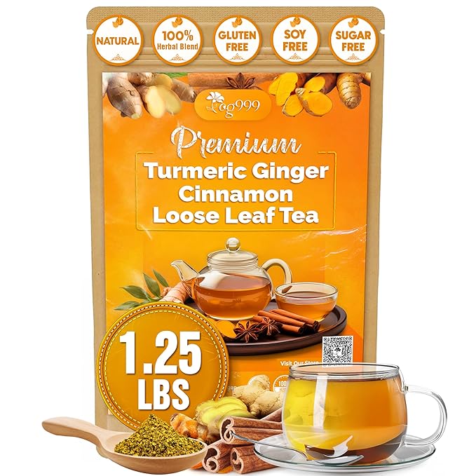 TOG999, Premium 20oz Ginger Turmeric Cinnamon Loose Leaf Herbal Tea - Premium Quality Spiced Herbal Blend – Caffeine-Free, Non-GMO, Natural Dried Roots and Bark. Vegan-Friendly.