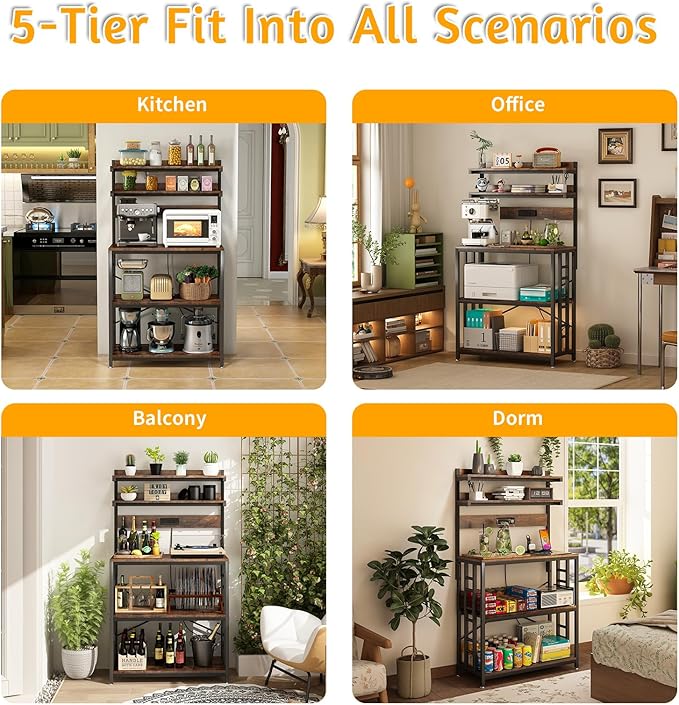 Adjustable Bakers Rack with Power Outlet,Coffee Bar Station with Led Lights,Microwave Stand with Storage,5-Tier Kitchen Shelf,Kitchen Storage Rack for Spices, Pots and Pans,Rustic Brown