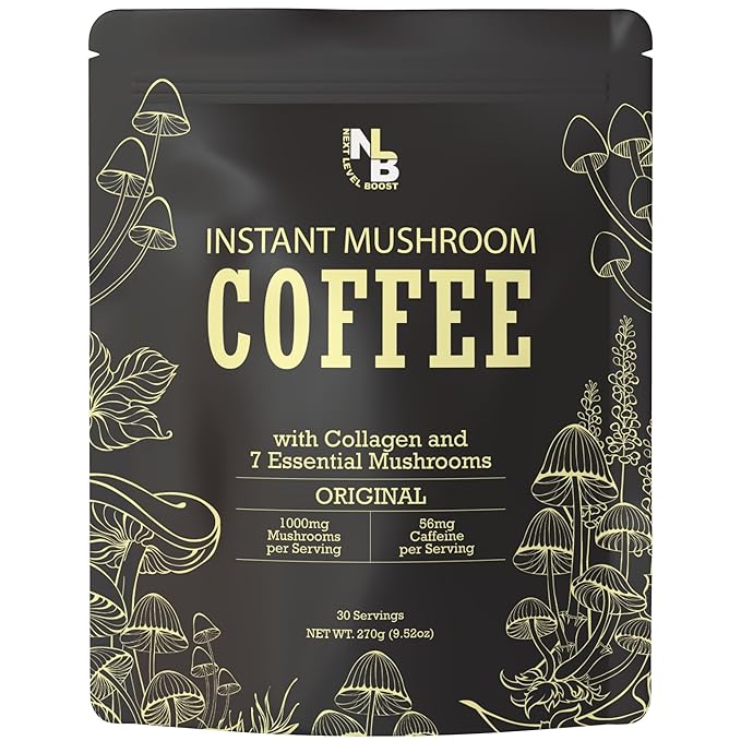Instant Mushroom Coffee - Organic Mushrooms, 270g, 30 Servings, Next Level Boost's Healthy Everyday Brew Coffee Alternative Mushroom Drink w/ Collagen, Lions Mane, Turkey Tail Coffee Mushroom Alternative