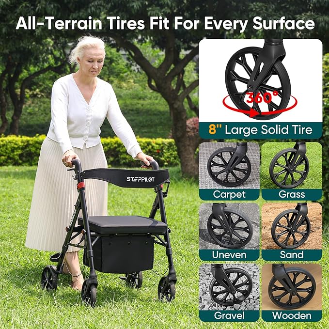 Foldable Aluminum Rollator Walkers with Cushion Seat for Senior, 16lbs Lightweight & 500 lbs Max Load, Adjustable 5-Level Seat Height & 6-Level Handles Height,8" Big Wheels,Dual Braking, Storage Bag
