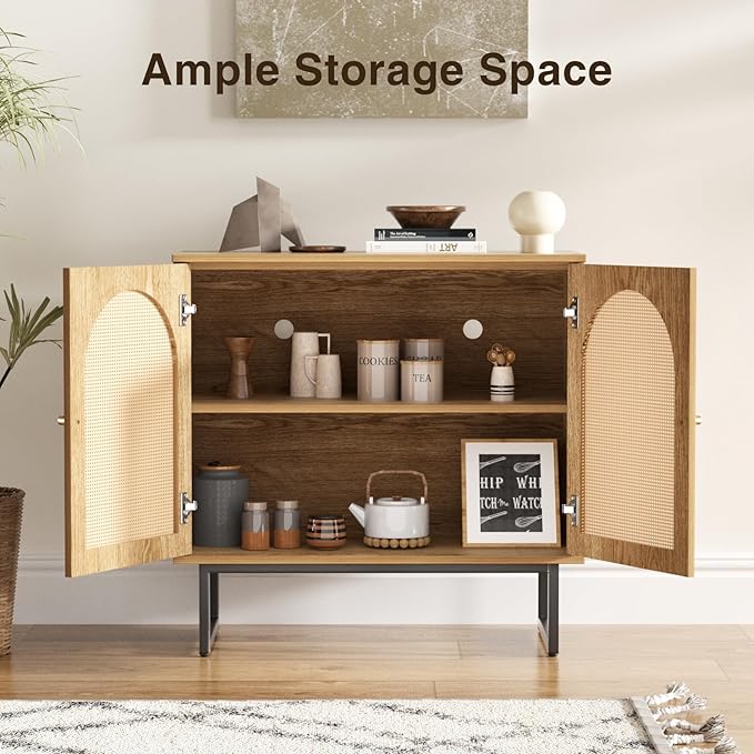 Sideboard Buffet Cabinet with Rattan Doors, Rattan Buffet Bar Cabinet, Boho Credenza Cabinet with Metal Legs for Living Room, Hallway, Entryway, Natural Set of 2