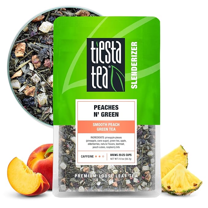 Tiesta Tea - Peaches N' Green, Loose Leaf, Smooth Peach Green Tea, Premium Medium Caffeinated Blend, Make Hot or Iced, Brews Up to 25 Cups, 2.0 Ounce Resealable Pouch