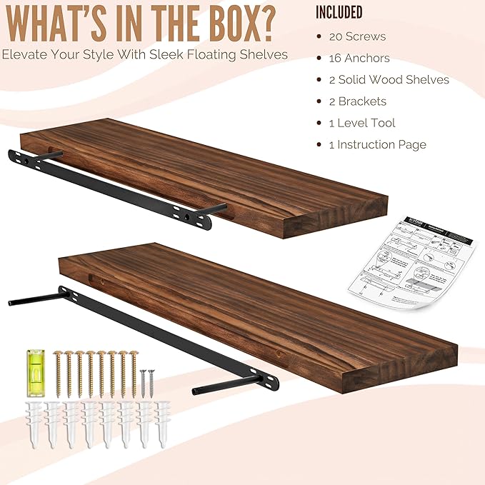 Sorbus Wood Floating Shelves for Wall - 35” Solid Wood Wall Shelves for Bathroom Decor, Books, Bedroom & Living Room - Set of 2 Walnut Wall Mounted Kitchen Shelves - Durable Solid Pine
