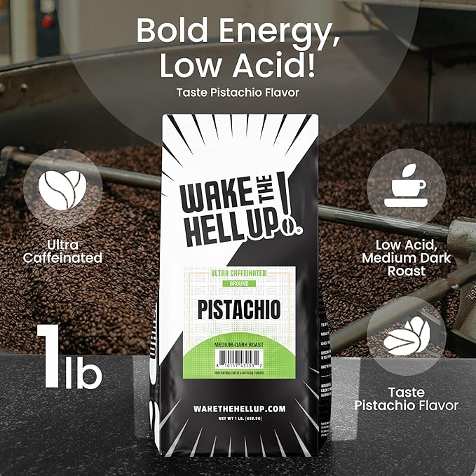 Wake The Hell Up! 1lb Ultra-Caffeinated Pistachio Ground Coffee, Low Acid, Medium-Dark Roast