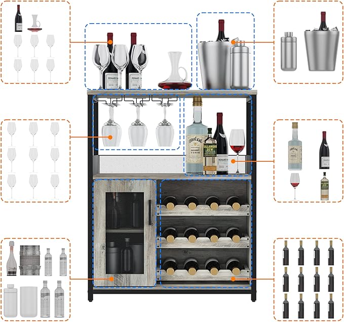 Vintage 3-Tier Wine Bar Cabinet with Adjustable Shelves, Glass Holders, Mesh Door, Small Buffet Sideboard Liquor & Coffee Bar Cabinet for Kitchen, Dining Room, Living Room
