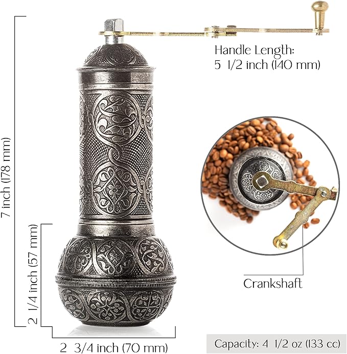 Crystalia Refillable Coffee Grinder, Authentic Manual Mill with Adjustable Grinder, Metal Coffee Mill with Handle, Antique Coffe Grinder with Hand Crank, Adjustable Coarseness