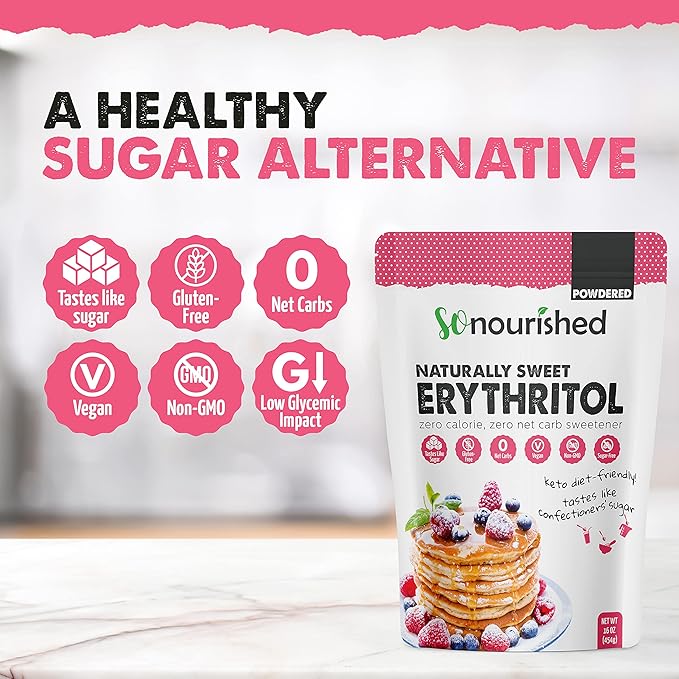 So Nourished Powdered Erythritol Sweetener - 1:1 Sugar Substitute, Keto - 0 Calorie, 0 Net Carb, Non-GMO (5 lbs / 80 oz)
