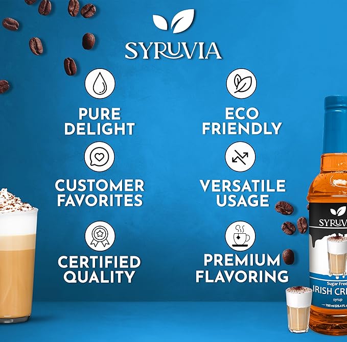 Syruvia Sugar Free Coffee Syrup, Irish Cream Flavored Syrup for Drinks, Lattes, and Desserts – 25.4 fl oz