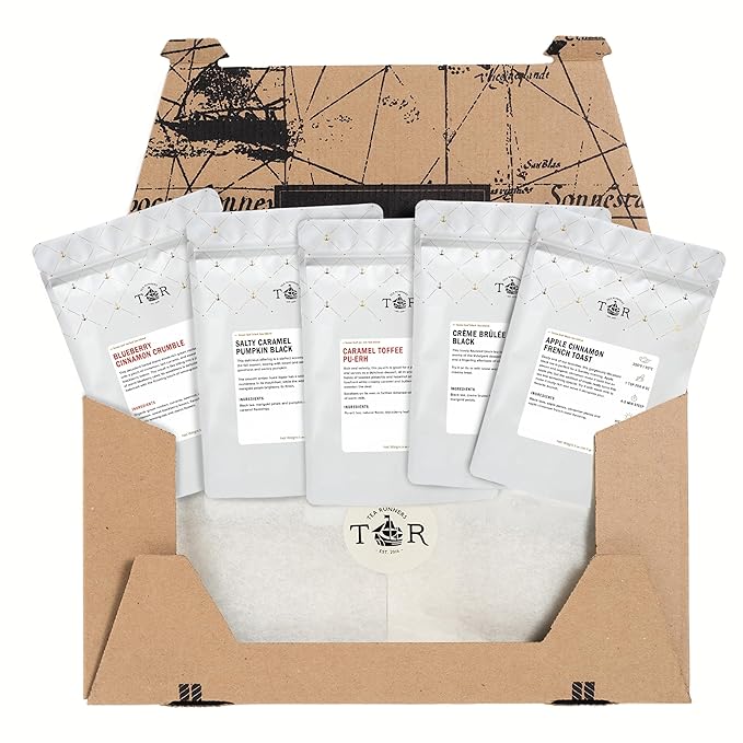 Tea Runners Dessert Teas Variety Pack – Apple Cinnamon French Toast, Blueberry Cinnamon Crumble, Caramel Toffee Pu-erh, Crème Brulee Black & Salty Caramel Pumpkin – 0.75 Oz each Pack of 5