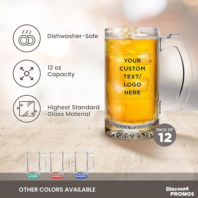 12 Libbey Beer Mugs Set, 12 oz. - Customizable Text, Logo - Groomsmen Glassware - Clear
