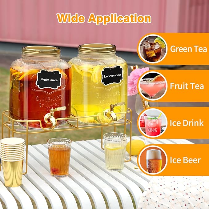 1.6 gallon Glass Beverage Dispenser with Stand, 2PACK Lemonade Dispenser with Spigot Stainless Steel, Drink Dispensers for Parties,Picnic,Weddings(Golden)
