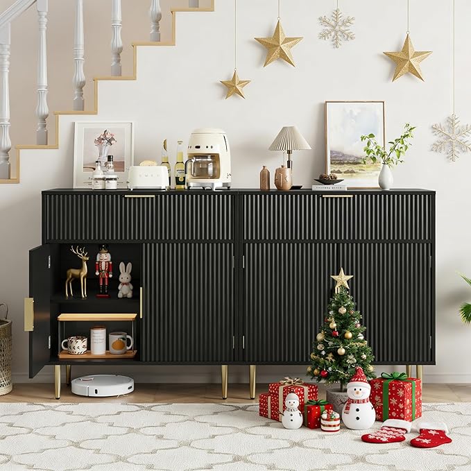 Sideboard Buffet Cabinet with 2 Doors & Drawer, Coffee Bar with Adjustable Shelves, Liquor Cabinet with Storage, Accent Cabinet Console Table for Living Dining Room, Black