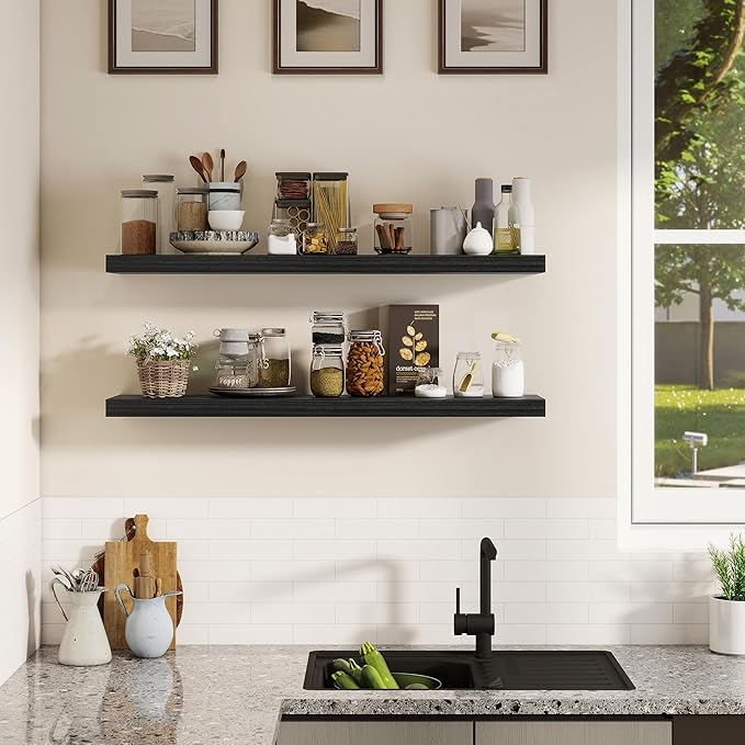 Fun Memories Rustic Real Wood Floating Shelves, 8 Inch Deep Floating Shelf Wall Mounted, 36" W x 8" D Wall Shelves Storage Shelves for Living Room, Bedroom, Bathroom, Black Finish, Set of 2