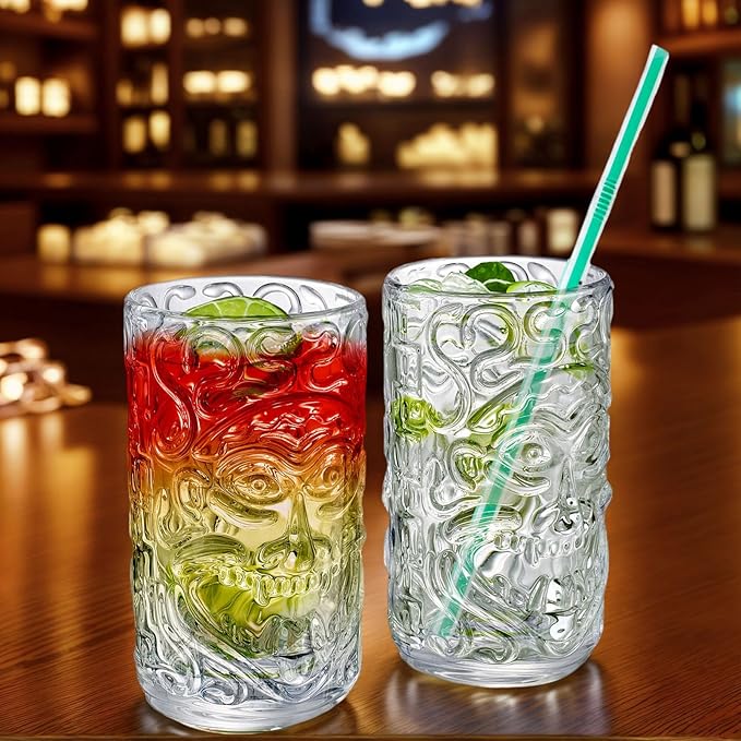 2-Pack 14.5oz Clear Tiki Glasses Cups for Cocktails Glass Drinking Set Crystal Glass Tumbler - for Water, Juice, Beer, Cocktails, Mojito, Wine and Whiskey, Bar Glassware