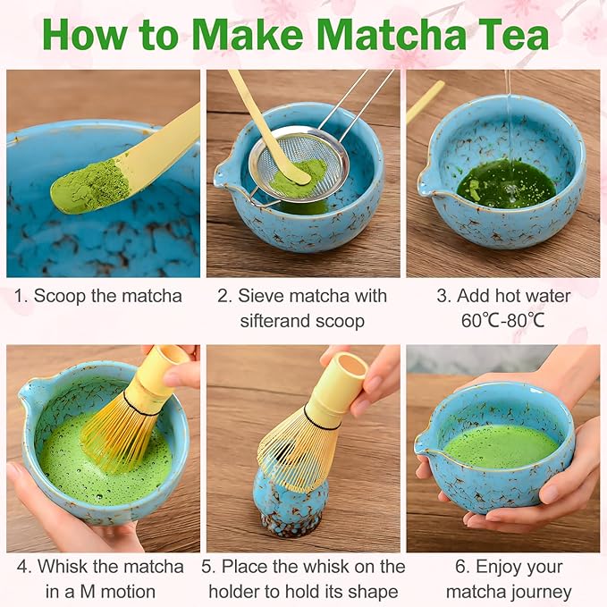 MONOJOY Matcha Bowl and Whisk Set – Multi-Layer Ice-Crackle Ceramic Chawan with Spout, Bamboo Chasen, Holder, Scoop & Sifter | Japanese Ceremonial Matcha Tea Kit for Lattes & Beginners