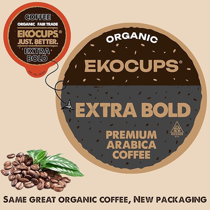 EKOCUPS Organic Extra Bold Roast Coffee Pods, Extra 30% More Coffee Per Cup, Artisan Fair Trade Dark Roast, Extra Bold for Keurig K Cup Machines, Recyclable Pods, 40 Count