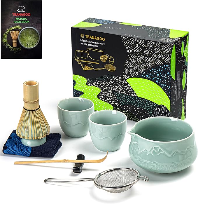 TEANAGOO Matcha Whisk Set 7pcs+2Cups(7.2oz),Ceramic Matcha Set,Matcha Kit for Ceremony,Matcha Tea Set for Making Breakfast,Whisk Set and Bowl with Scoop&Sifter,Gift for Friend