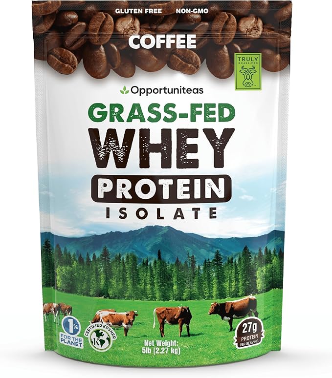 Opportuniteas Grass Fed Coffee Whey Protein Isolate Powder - 27g Protein Powder Without Artificial Sweeteners, 60mg Caffeine, Hormone-Free Cows - 5lb