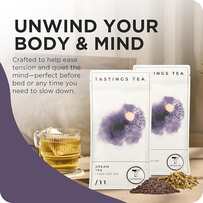 Tastings Tea Dream Loose Leaf, 8 oz | Calm Herbal Sleep Blend with Chamomile, Valerian & Lemon Grass | Natural Antioxidants for Wellness & Bed | Small Batch & Sustainably Sourced | Resealable Pouch