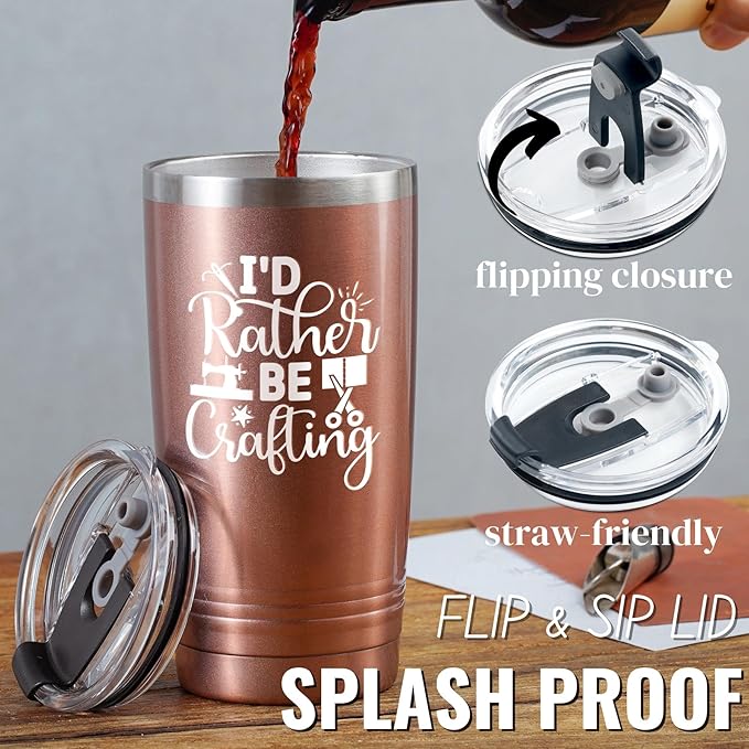 Onebttl Gifts for Crafters, Crafting Gifts for Women - Tumbler for Crafters, Female, Her - I'd Rather Be Crafting - 20oz/590ml Stainless Steel Insulated Tumbler with Straw & Lid - Rose Gold